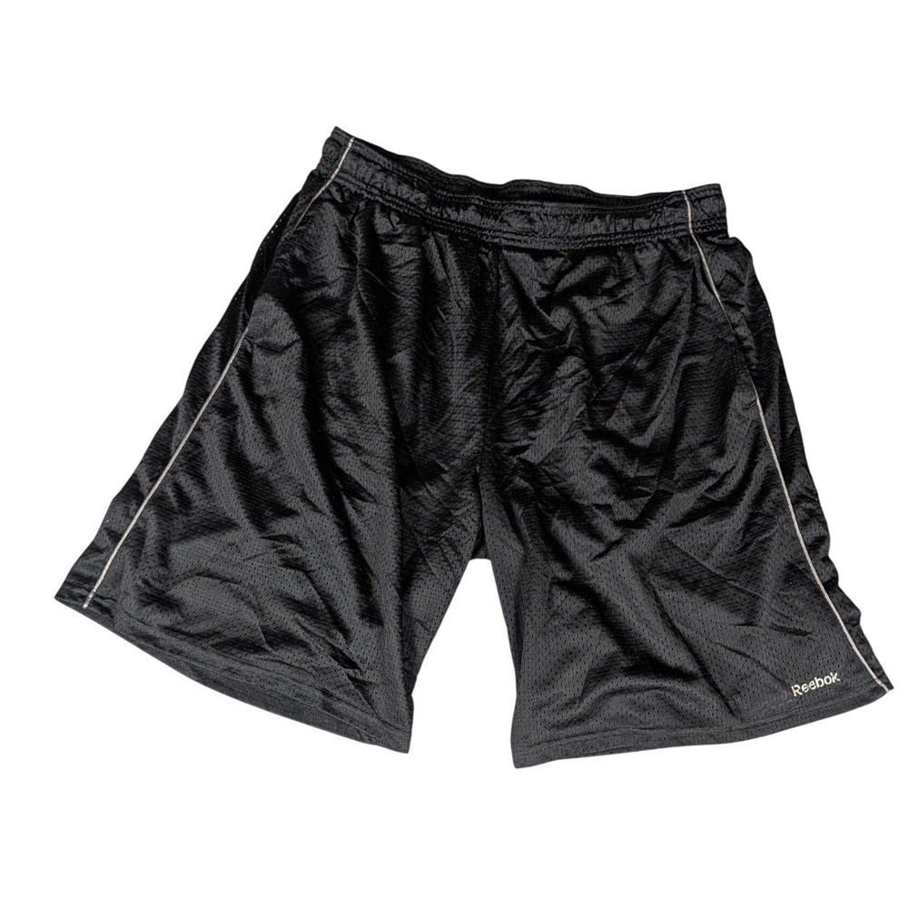 Reebok Mens Black Mesh Athletic Basketball Shorts Elastic Waist Side Piping
